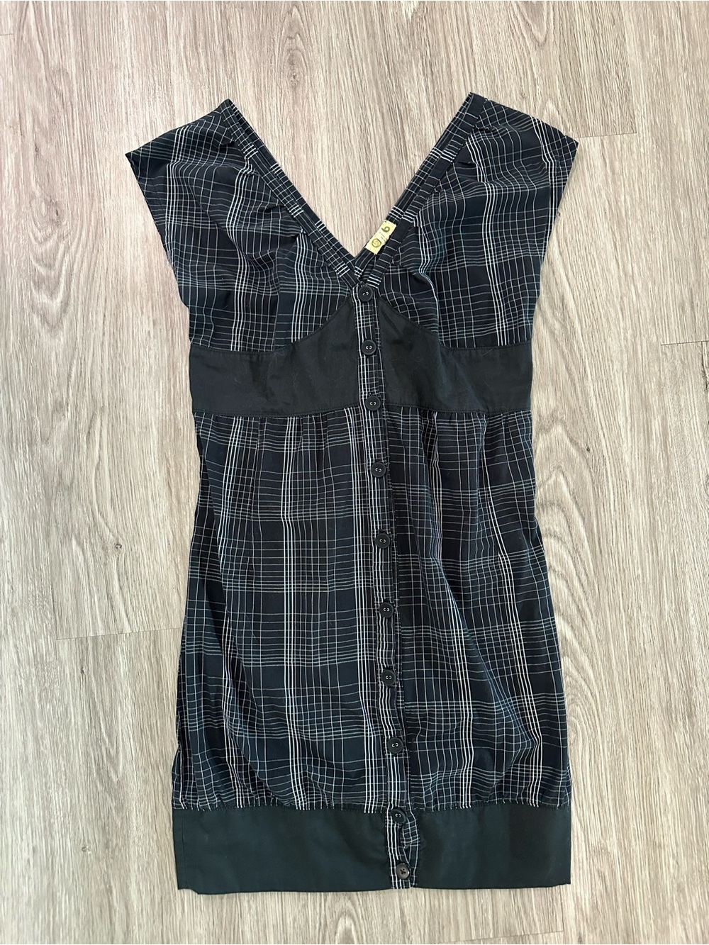 Orb 2000s 2010s Mini Dress 100% Cotton Black Plaid Button-Front Smocked Back